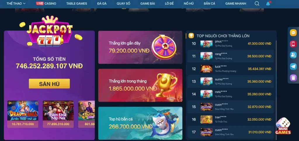 Giao diện trò chơi slot game đa dạng tại 77win1 với đồ họa sắc nét và trải nghiệm người dùng thân thiện